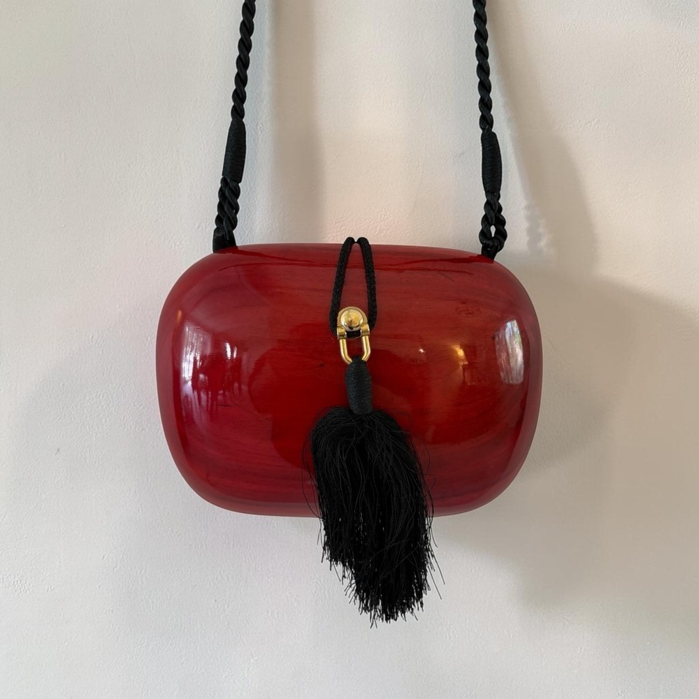 Mid Century Mod Red Wood Box Crossbody Bag Tassel Gold Hardware Evening